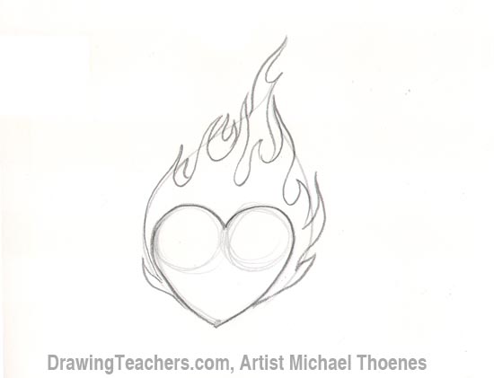 drawings of hearts with flames